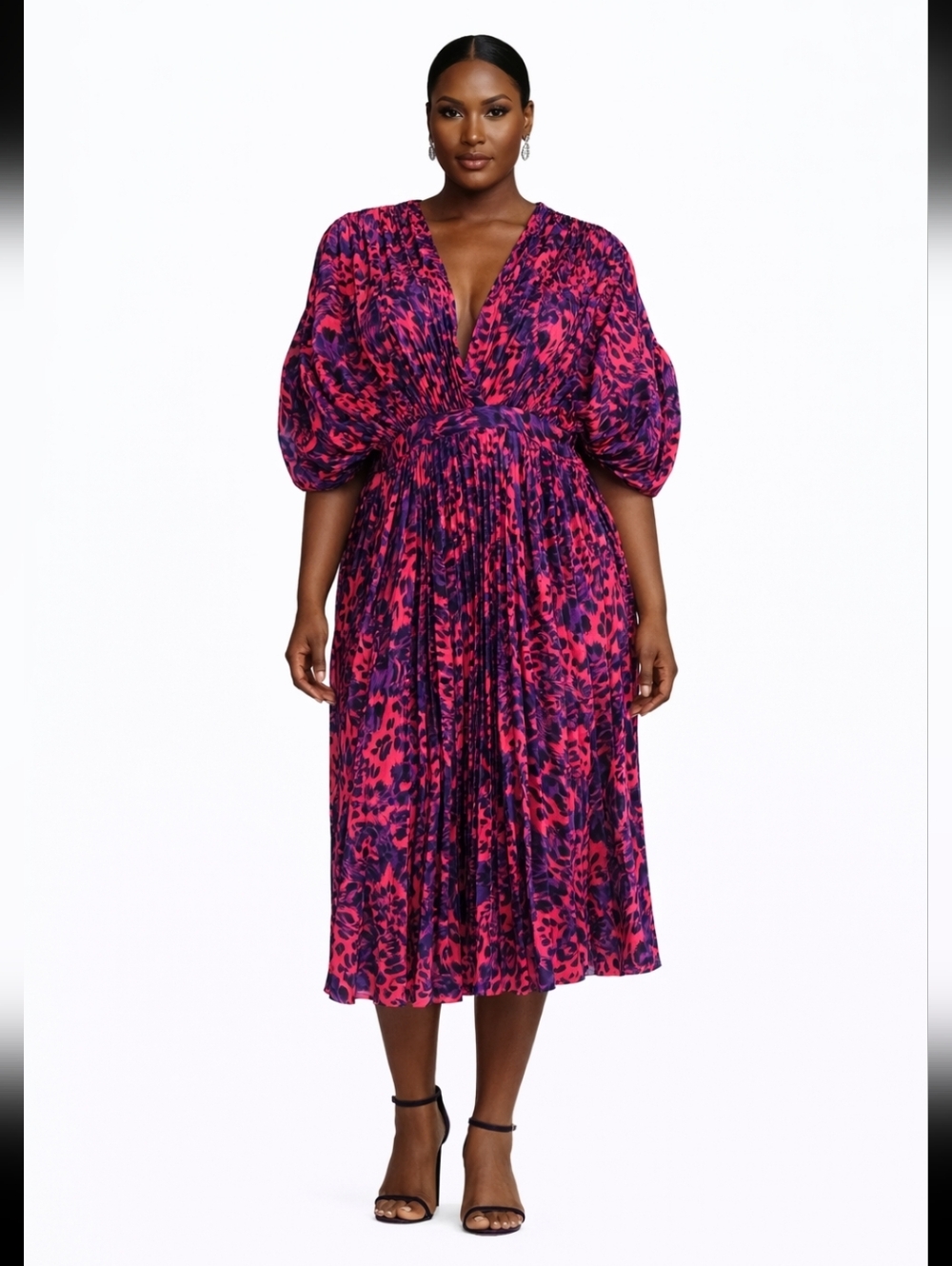 L'ATISTE Pink and Purple Printed V-Neck Midi Pleated Dress
